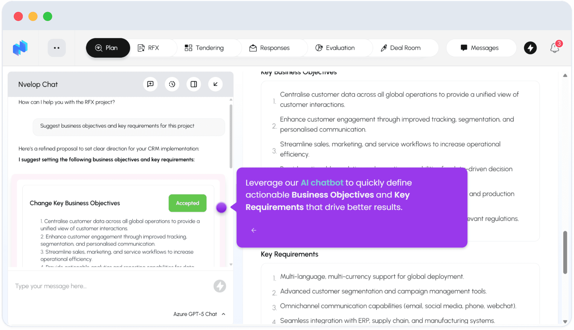 Nvelop Plan - Strategy tab with AI-generated business objectives and key requirements