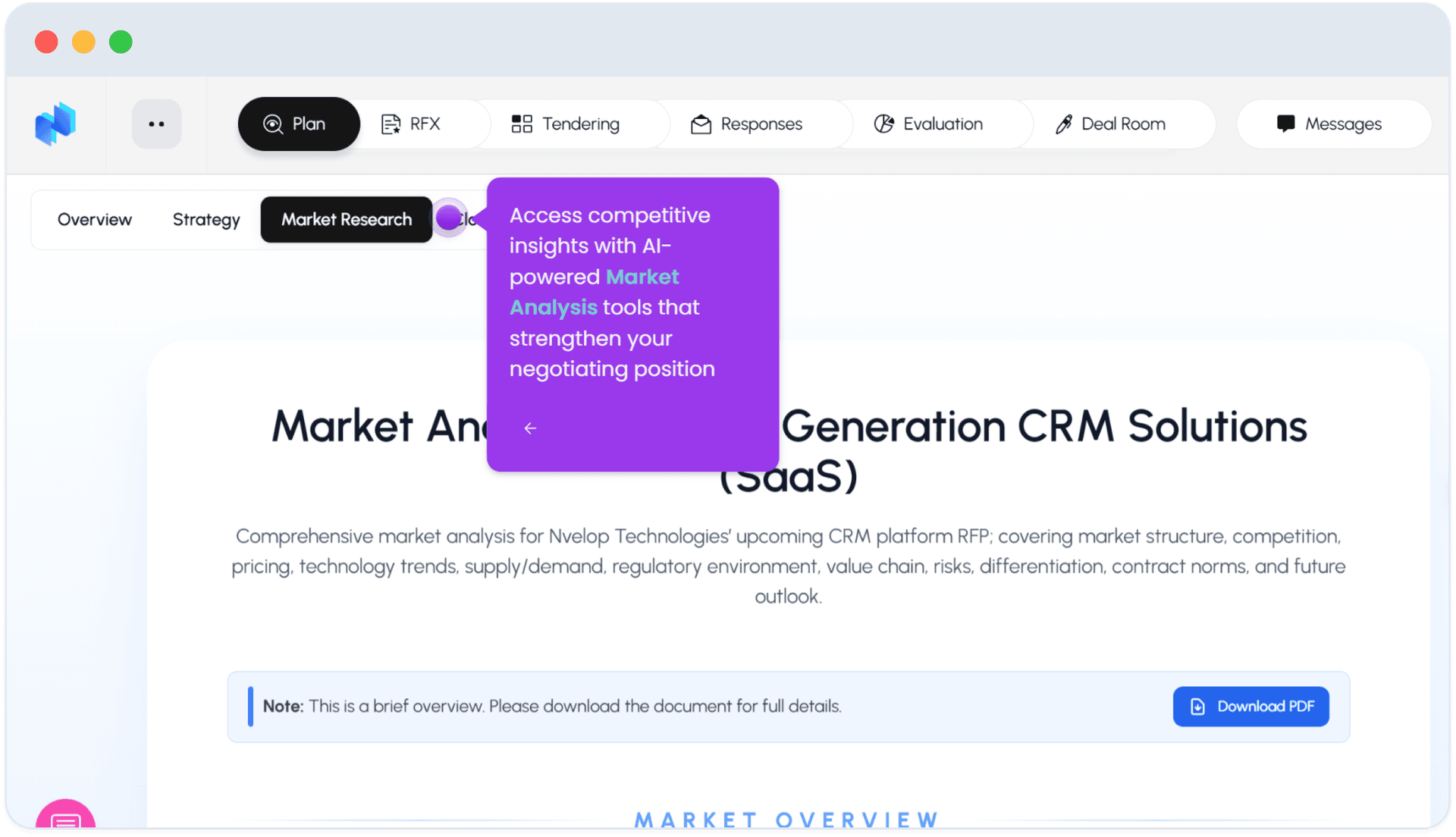 Nvelop Plan - Market Research output with Download PDF button