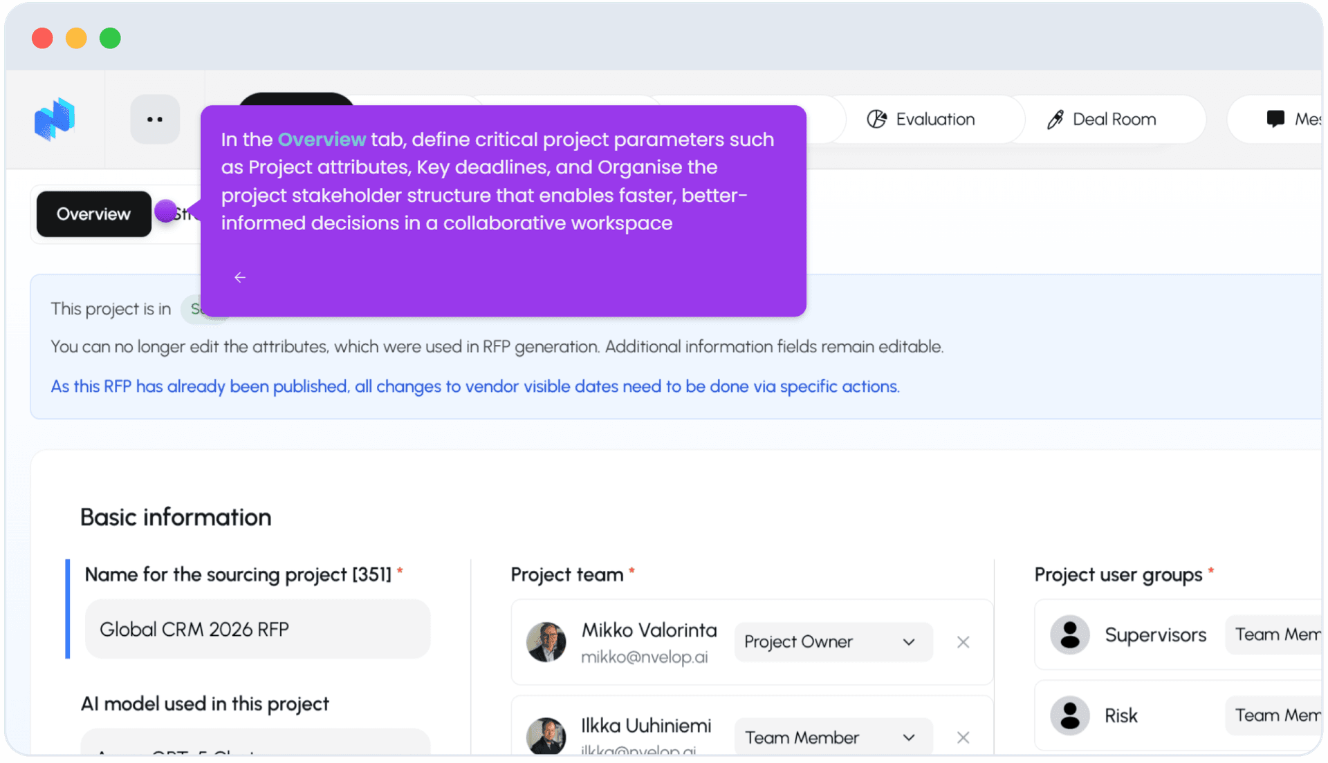 Nvelop Plan - Overview tab showing Basic Information and Project Team fields