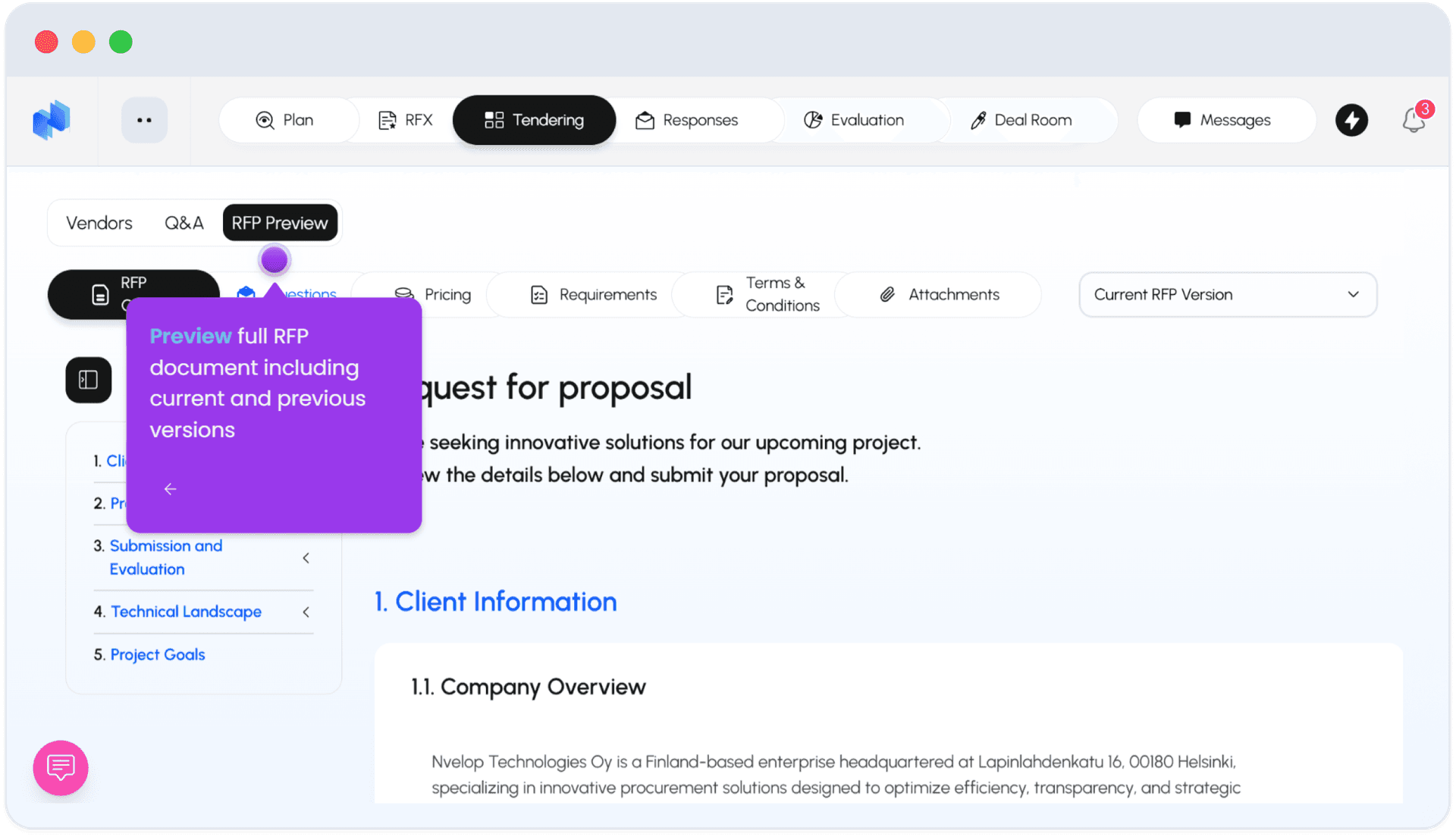 Nvelop Tendering - RFP Preview panel showing full document before sending to vendors