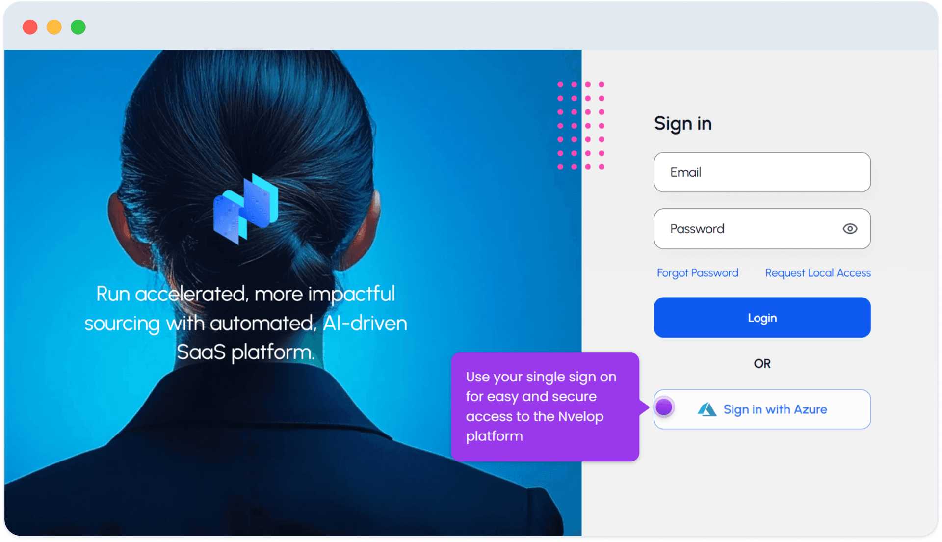 Nvelop sign-in screen with email and Azure SSO options