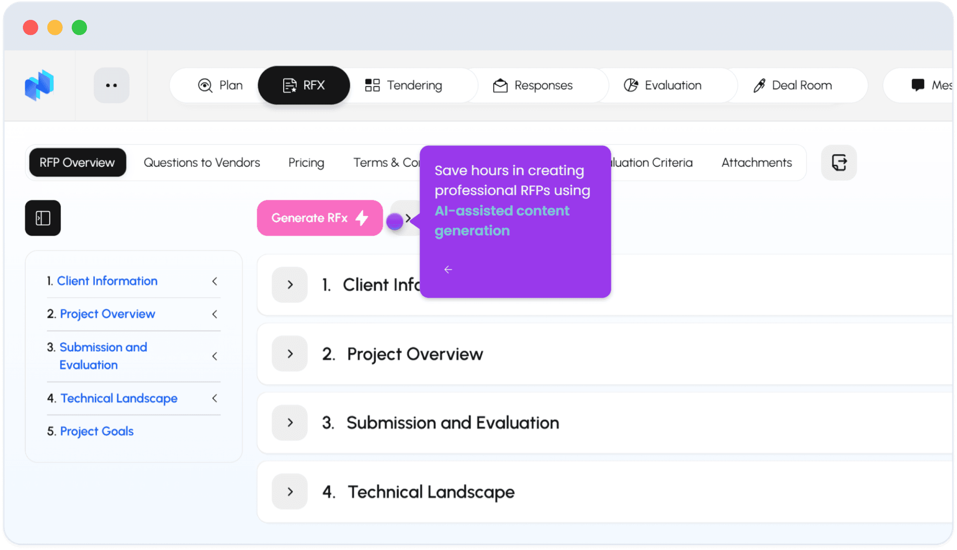 Nvelop RFX tab - RFP Overview with Generate RFX button and live document preview