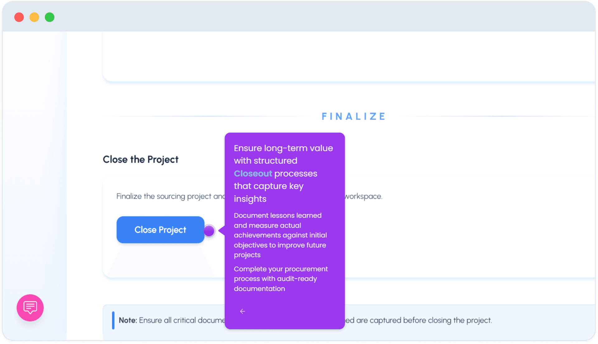 Nvelop Plan - Closure screen headed Finalize with Close the Project section and reminder to capture all documents