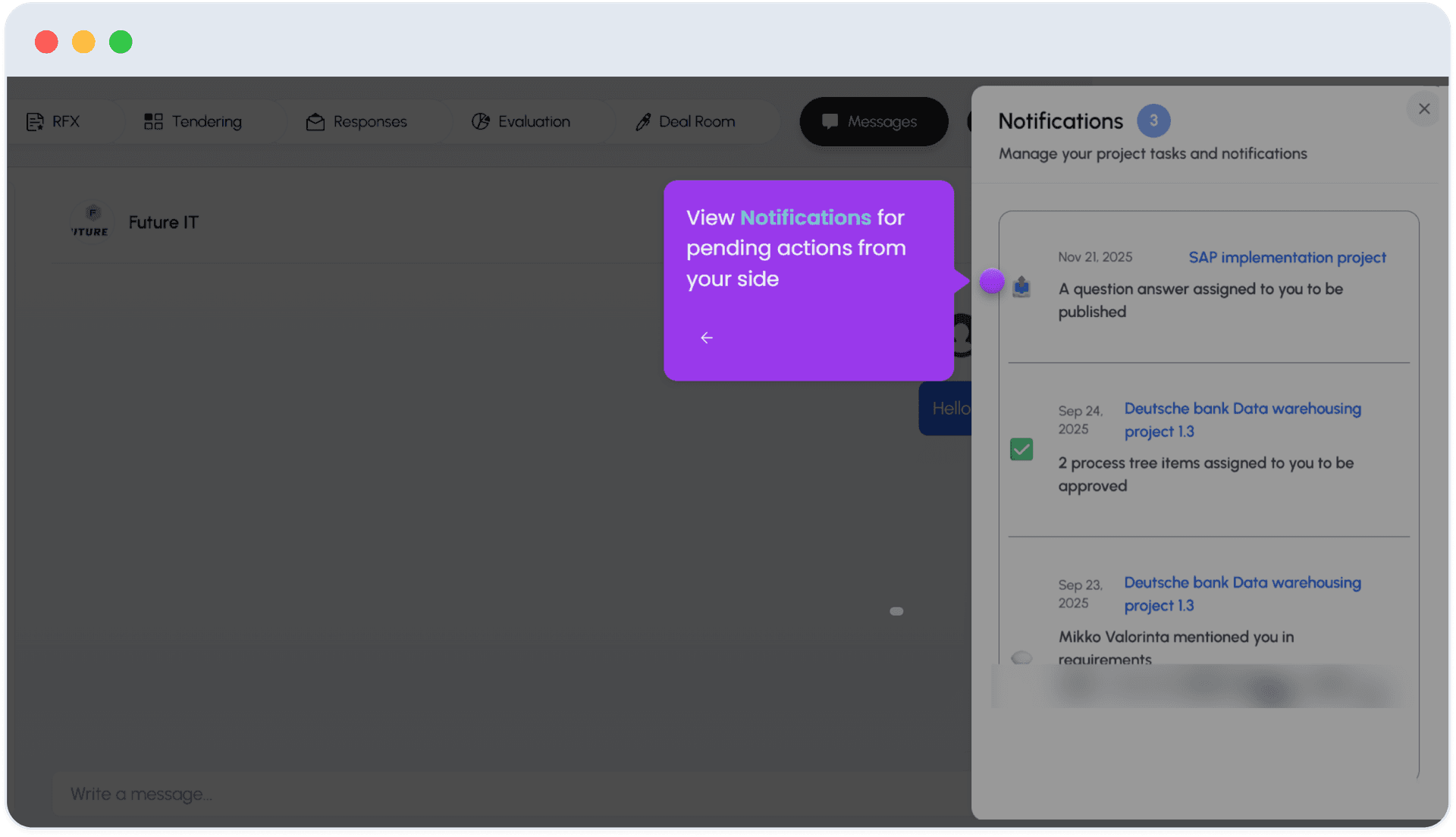 Nvelop Messages - secure vendor communication centre with conversation list and thread view