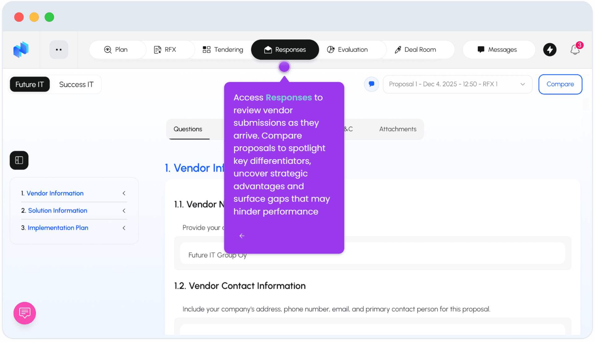 Nvelop Responses - vendor submission review with per-vendor tabs and versioned proposal list