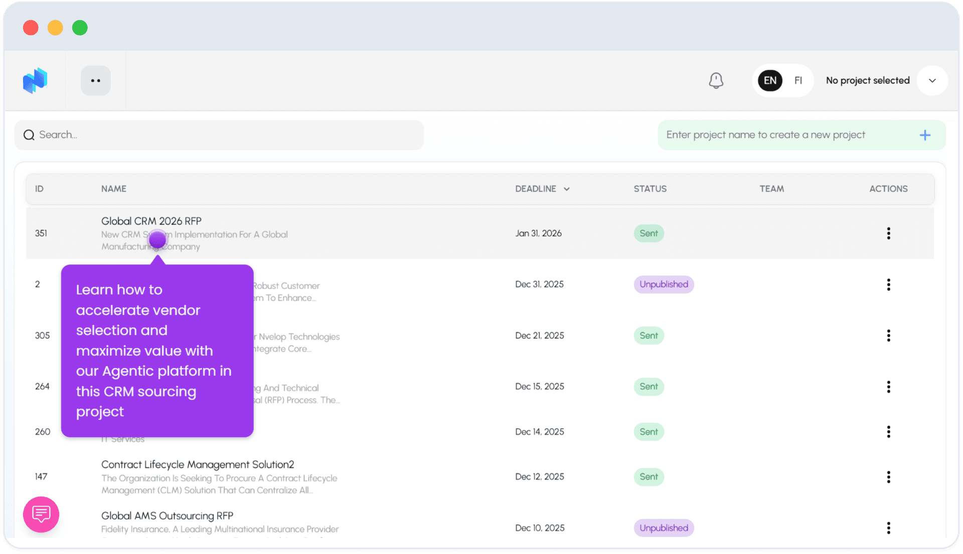Nvelop project dashboard showing sourcing projects with ID, Name, Deadline, Status and Team columns